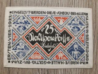 Germany Bielefeld Stoffnotgeld / Seide Silk Banknote With Stamp 25 Mark 1921