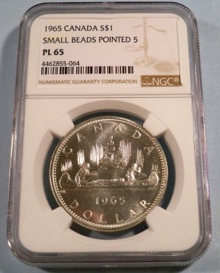 1965 Canada Silver Dollar S$1 Ngc Pl65 Proof Like Small Beads Pointed 5