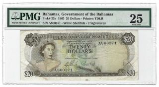 Bahamas $20 Dollars 1965,  P - 23a,  Pmg 25 Vf,  A - Prefix Scarce Date & Type