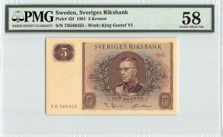 Sweden 1961 P - 42f Pmg Choice About Unc 58 5 Kronor