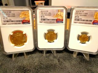 2016 W Centennial 3 Coin Set 100th Anniversary Ngc Sp70 Gold 50c,  25c &10c 24k