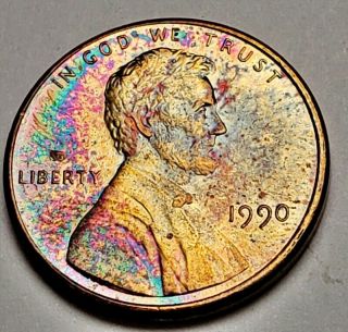 1990 Lincoln Memorial Unc Bu Cent Penny Incredible Rainbow Color Toning Obverse