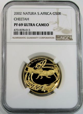 2002 Gold South Africa 1500 Minted 50 Rand Natura Ngc Proof 69 Uc Cheetah
