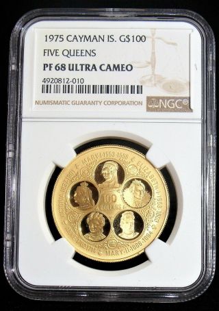 Cayman Islands: 1975 Gold $100 Five Queens,  PF 68 Ultra Cameo NGC. 3
