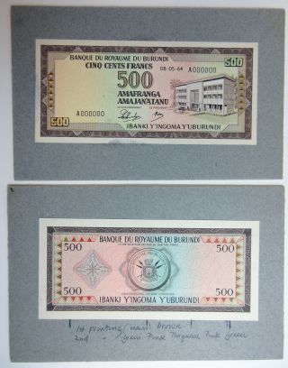Burundi.  Banque Du Royaume Du Burundi 1964 F&b Essay Models 500 Francs,  P - 13
