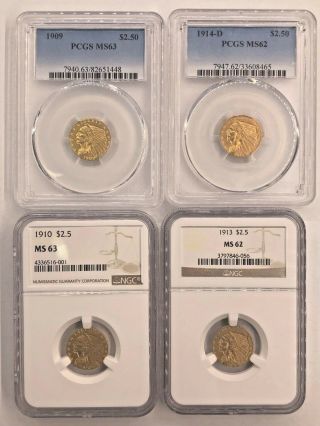Pcgs & Ngc 1909/1910/1913/1914 - D $2.  5 Gold Indian Head Ms62/ms63 4 Coins