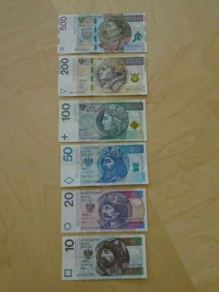 Poland 6 - Banknote Set 10,  20,  50,  100,  200,  500 Zlotych (pln) Current & Legal Unc