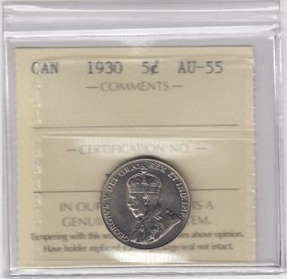 1930 Canada 5 Cents Nickel Coin - Iccs Au - 55