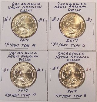 Sacagawea 2017 Uncirculated Native American Dollar Set Of 4 (p & D - Type A & B)