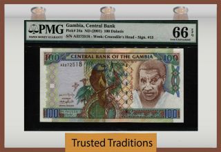 Tt Pk 24a Nd (2001) Gambia Central Bank 100 Dalasis Pmg 66 Epq Gem Uncirculated