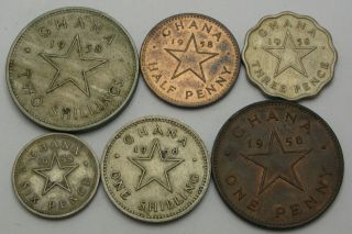 Ghana 1/2,  1 Penny & 3,  6 Pence & 1,  2 Shillings 1958 - 6 Coins.  - 2713