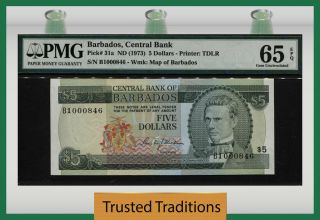 Tt Pk 31a 1973 Barbados Central Bank 5 Dollars " Prescod " Pmg 65 Epq None Finer