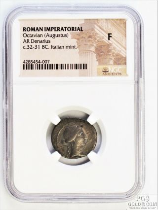 Roman Imperatorial Octavian Augustus Ar Denarius C.  32 - 31bc Coin Ngc F 15811