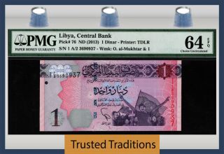 Tt Pk 76 Nd (2013) Libya Central Bank 1 Dinar Pmg 64 Epq Choice Uncirculated