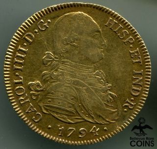 1794 Spain 8 Escudos Carlos Iv Gold (. 875) Coin (agw 0.  76 Oz)
