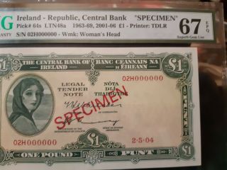 Ireland - Republic,  Central Bank,  Specimen,  Pmg 67 Epq