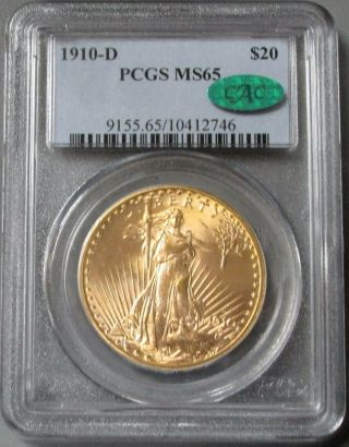 1910 D Gold $20 Dollar Saint Gaudens Coin Pcgs State 65 Cac
