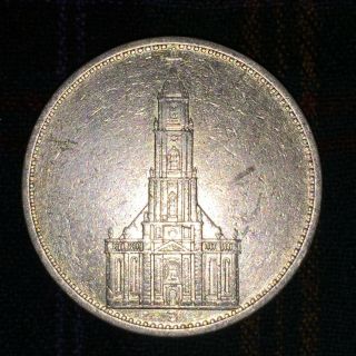 Germany 5 Reichsmark 1934 D (munich) - Vf,  Potsdam Church,  Eagle,  Swastikas