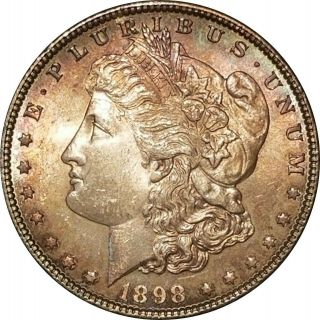 1898 - P Morgan Silver Dollar,  Obverse Rainbow Toning W/ White Reverse,  Lustrous