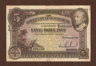 Sarawak Banknote P - 21 Five Dollars Jan 1,  1938 Vf.  Not Counterfeit.