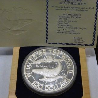 1993 BAHAMAS Whales of the World $100 1 Kilo 32.  15 ozt.  999 Silver w/ & Box 3