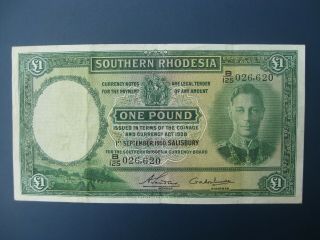 Scarce 1950 Southern Rhodesia Kgvi (africa/british) £1 Banknote Crisp Vf