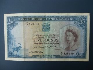 Scarce 1958 Rhodesia & Nyasaland (africa/british) £5 Banknote Crisp Vf