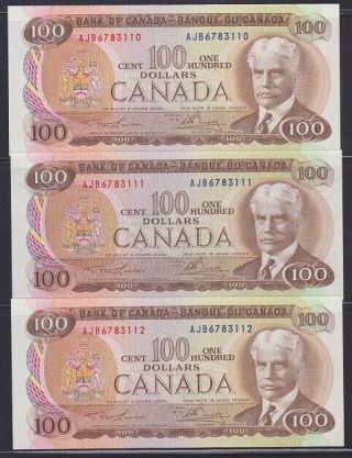 1975 $100 Bank Of Canada Sequential Set Of Three (3),  Ajb Prefix Ch Unc