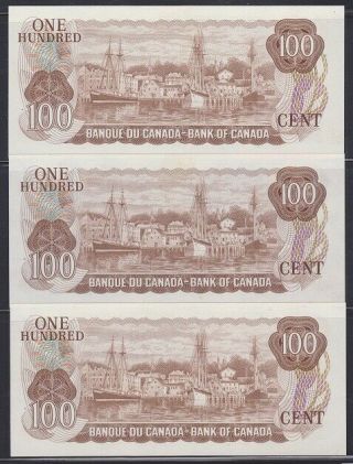 1975 $100 Bank of Canada Sequential Set of Three (3),  AJB Prefix Ch UNC 2