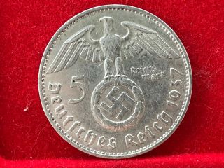 German Nazi Silver Coin 1937 F 5 Reichsmark.  900 Silver Big Swastika