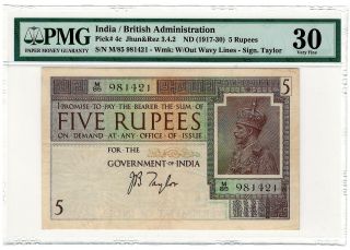 British India 5 Rupees Nd (1917 - 30) P - 4c Jr 3.  4.  2 Kgv M/85 981421 Pmg Vf 30