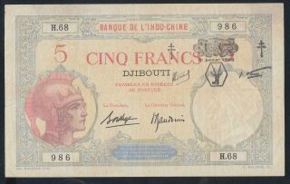 Djibouti 5 Francs Banknote Nd 1943