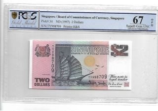 Singapore/board Of Commissioners Of Currency Pick 34 1997 2 Dollars Pcgs 67 Opq