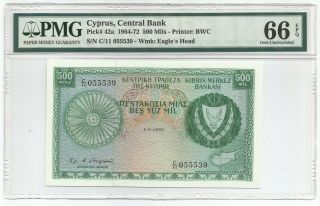 Cyprus 500 Mils 1.  8.  1966 P 42a Banknote Pmg 66 Epq - Gem Uncirculated