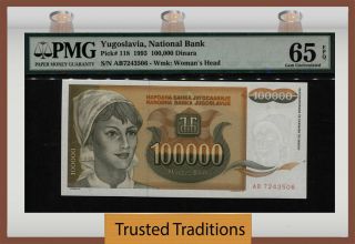Tt Pk 118 1993 Yugoslavia National Bank 100000 Dinara Pmg 65q Gem Uncirculated