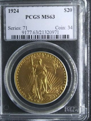 1924 $20.  00 St.  Gaudens Double Eagle Pcgs Ms - 63