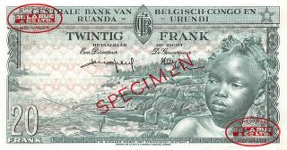 Belgian Congo 20 Francs 1.  12.  1956 P 31s Series A Specimen Uncirculated Banknote