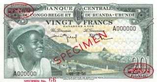 Belgian Congo 20 Francs 1.  12.  1956 P 31s Series A Specimen Uncirculated Banknote 2