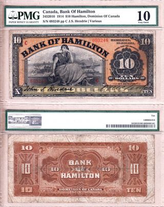 Bank Of Hamilton 1914 $10.  Attractive Large Size Chartered Bank Issue.  Pmg Vg10