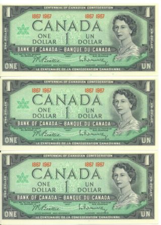 Canada Centennial Of Canadian Confederation 1867 - 1967 $1 Dollar 3 Notes Unc