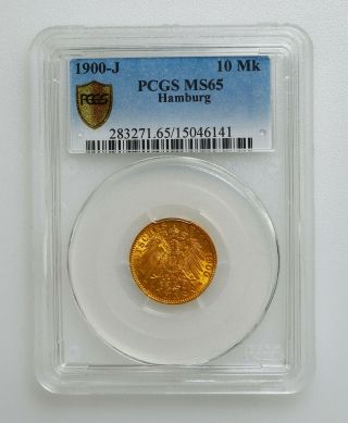 Pcgs Ms65 1900 - J Germany Hamburg 10 Mark Gold Coin K10019
