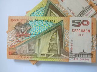 Papua Guinea 1989 (99 notes) SPECIMEN 50 Kina Bank Notes BLOCK of HTT prefix 2