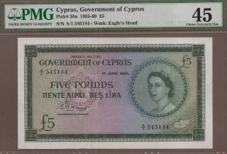 Cyprus: 5 Pounds Banknote,  (xf Pmg45),  P - 36a,  01.  06.  1955,