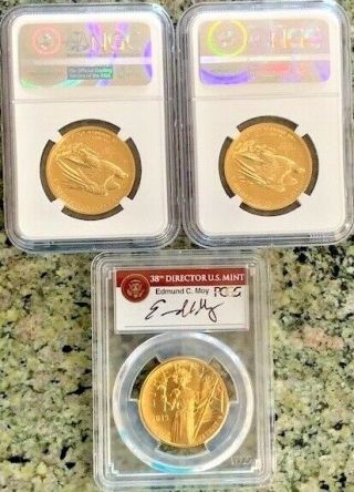 NGC & PCGS 2015 W G$100 ANNIVERSARY GOLD ISSUES HIGH RELIEF PR70DCAM PROOF SET 2