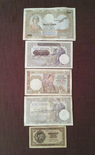 Serbia 1000 Dinara 1931,  500 100 & 20 Dinara 1941,  &100 Dinara 1929