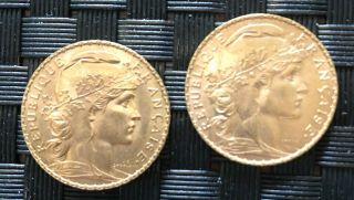 Gold 20 Francs " Roosters " Au/bu 1907 And 1910
