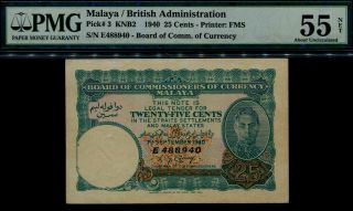 Malaya Board Of Comm.  Of Currency Kgvi 25 Cents Banknote.  1940 P3 Pmg 55.  Aunc.
