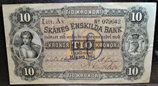 1894 Sweden Skanes Enskilda Bank 10 Kronor Bank Note