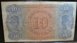 1894 Sweden Skanes Enskilda Bank 10 Kronor Bank Note 2