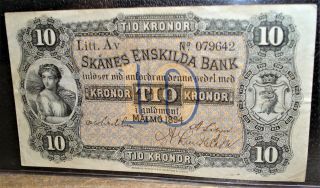 1894 Sweden Skanes Enskilda Bank 10 Kronor Bank Note 3